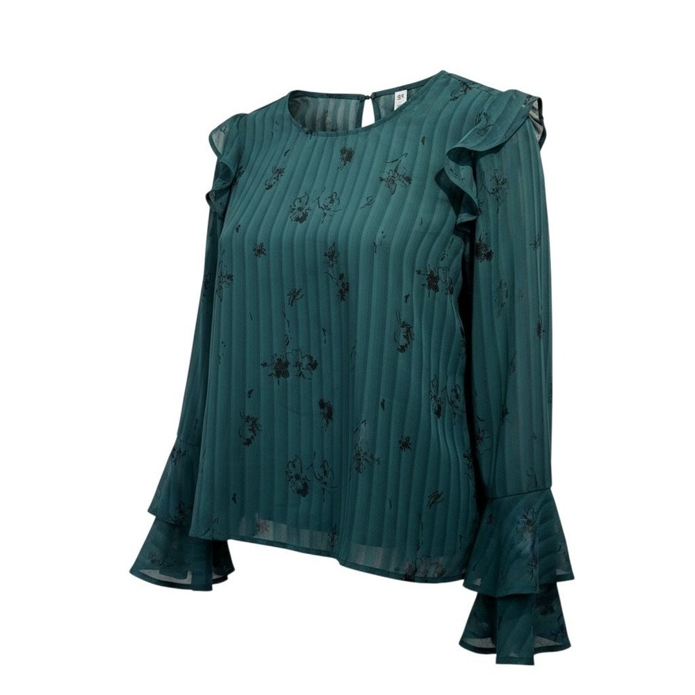 BP Sheer Blouse L Green Floral Ruffle Sleeve Romantic Cottagecore